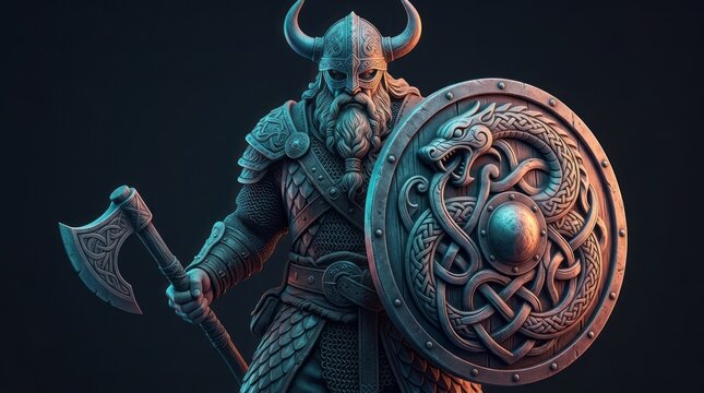Viking Warrior with Axe and Shield Viking Warrior Axe Shield Sculpture Norse Mythology. Concept featuring viking, warrior, axe, shield, sculpture for professional commercial design.