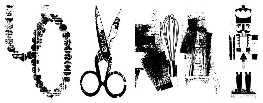 Black and white vector cutouts of pearl necklace, ornate scissors, kitchen whisks, and nutcracker figurine with halftone texture, isolated on transparent background.