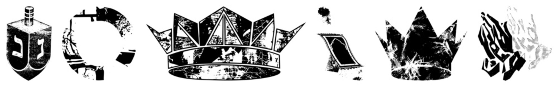 Religious and cultural symbols rendered in high contrast vector art dreidel, moon, crown, torah scroll, crown, praying hands. Isolated, stylized,.