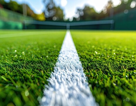 Close up view of a vibrant green artificial tennis court with a bright white line running down the center under beautiful morning sunlight, ready for play