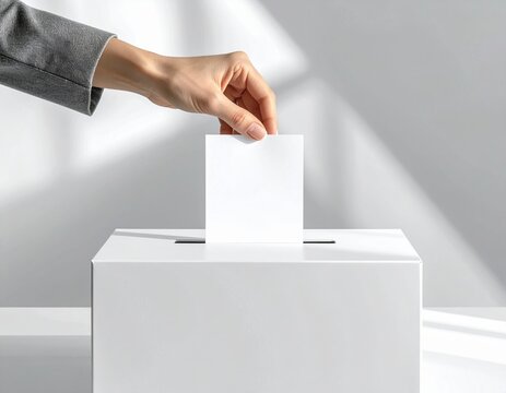 Person's hand wearing a grey sleeve is casting a blank white ballot or anonymous vote into a pristine white suggestion box, representing democracy, elections, and choices