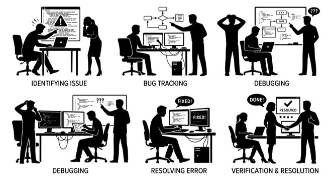 Software debugging process silhouette icons, programmer bug tracking and error resolution set, developers identifying issues and verifying code fixes