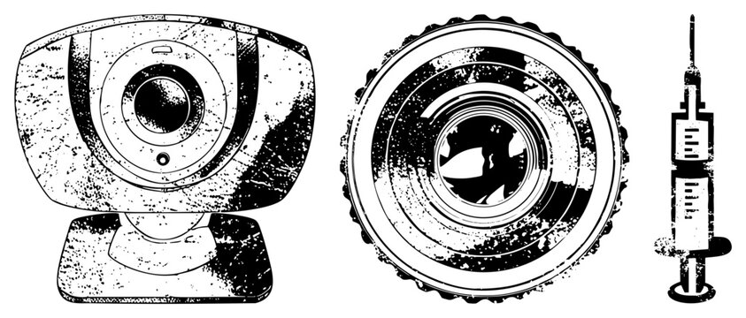 Vintage style web cam, camera lens, and medical syringe rendered in distressed black and white vector art with speckled texture, isolated graphic elements.