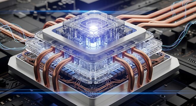 Advanced Quantum Computer Processor with Intricate Circuitry and Copper Wires Symbolizing Future Technology and Innovation