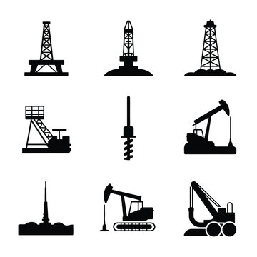 Energy drilling rig icons collection, land derrick, offshore platform, mobile shovel, seismic survey mast, production scene, industry conference vector silhouette