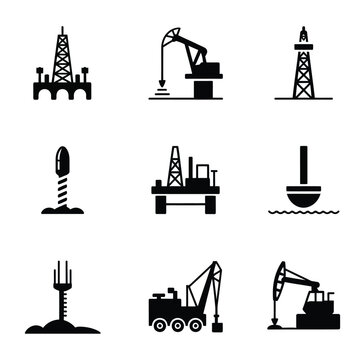 Offshore drilling icons bundle, ocean platform, helideck tower, buoy marker, service boat, subsea wellhead, exploration summit vector silhouette design