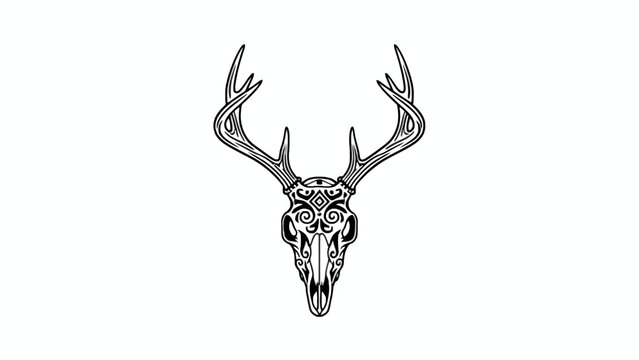 Tribal Deer Skull with Antlers Ornament Line Art Illustration