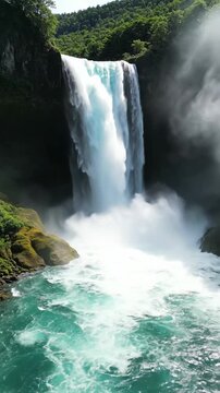 Powerful turquoise waterfall rushes over rock in a fresh nature scene for travel adventure environment and raw landscape energy themeswaterfall