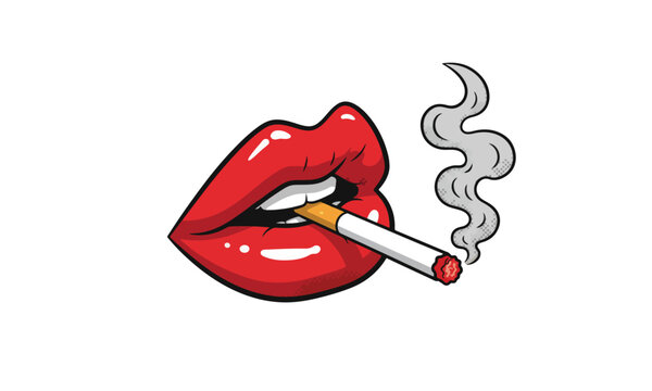 Red lips smoking cigarette pop art vector on yellow background