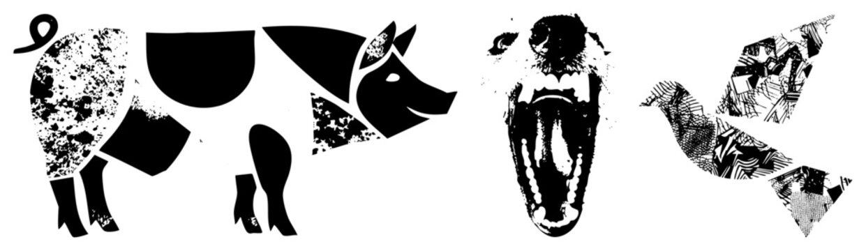 Graphic vector animals pig, roaring dog, stylized with halftone textures and bold black shapes, ideal for modern design or print.