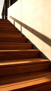 Sunlit wooden steps cast long diagonal shadows creating a clean architectural pattern for minimal design geometry and lifestyle backgroundswooden steps