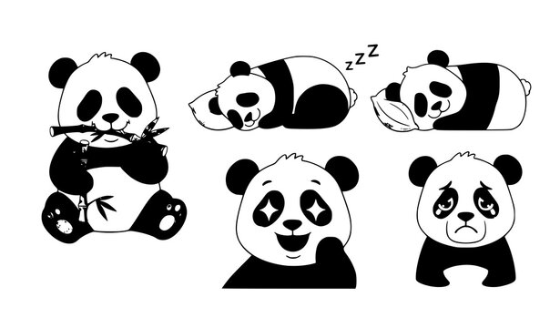 Cute panda set flat children style vector illustration sleeping bamboo funny sad poses isolated on white background