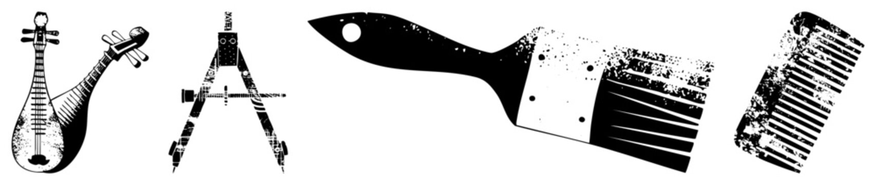 stylized of lute, drafting compass, paintbrush, comb with distressed texture, vector art for design, flat graphic elements.