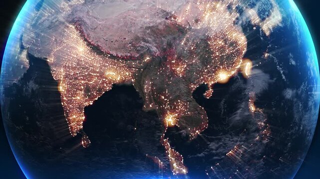 Asia Earth Night Lights Global digital Connectivity View Cinematic satellite city lights global business presentations, telecom visuals, economic growth world news intros, technology documentaries