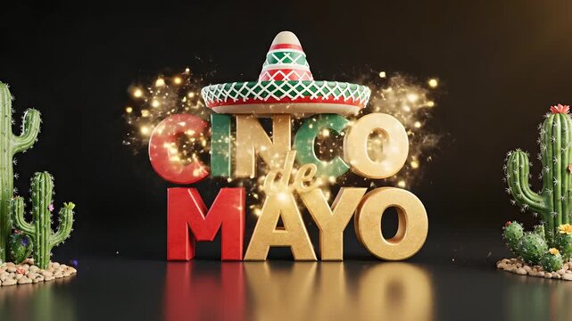 T&iacute;tulo 3D Cinco de Mayo con sombrero mexicano cayendo, cactus y luces brillantes sobre fondo oscuro. Ideal para promociones festivas, eventos culturales y marketing digital.