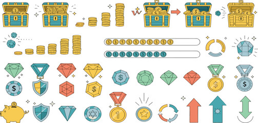 Fototapeta premium Game Economy and Reward System Illustration Set Featuring Treasure Chests Coins Gems Progress Bars Upgrade Icons Cartoon Collection