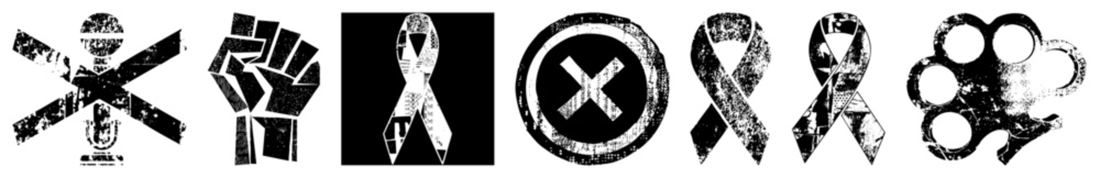 Distressed black and white raised fist, awareness ribbons, knuckle duster, mic, circular X. Urban protest, activism, or street culture symbols with gritty texture.