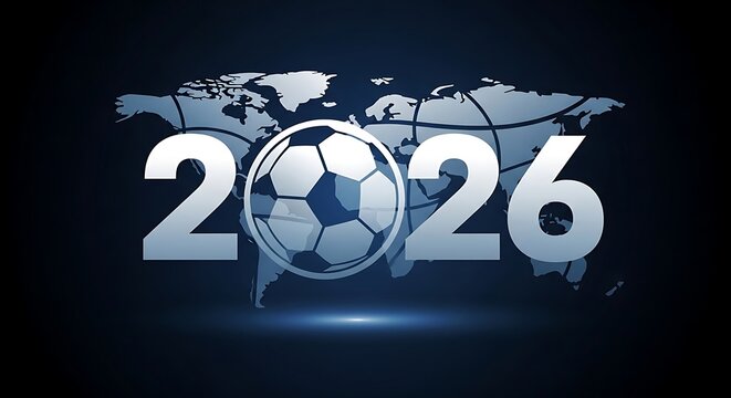 A soccer ball with world cup 2026 on a world map, FIFA World Cup 2026, World Cup, World Cup 2026 with Soccer Ball, Vibrant Stadium, International Flags, Global Football Celebration