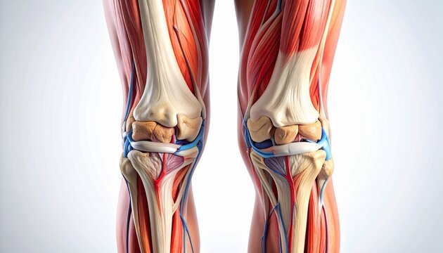 Detailed anatomical illustration of human knee joint showing muscles, tendons, ligaments, blood vessels, and patella structure.