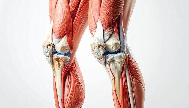 Detailed anatomical illustration of human knee joint showing muscles, tendons, ligaments, blood vessels, and patella structure.