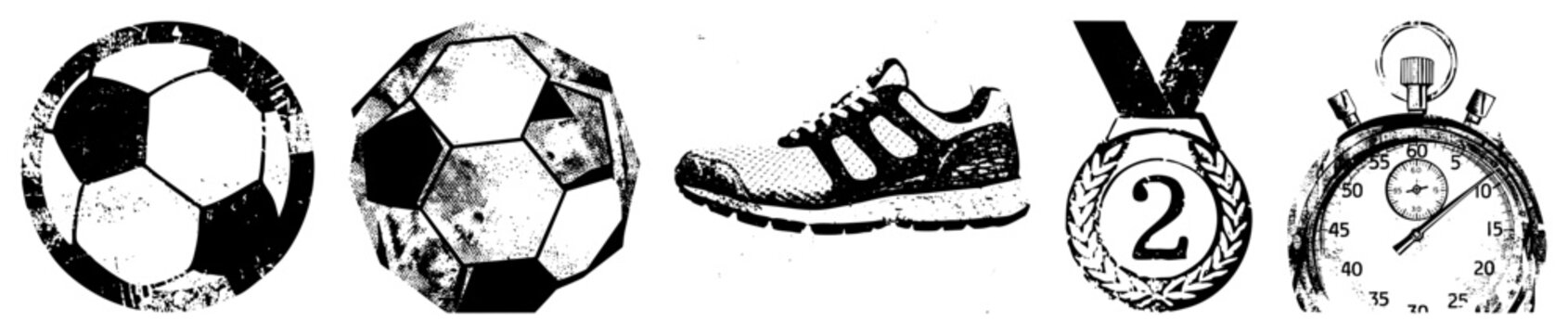 Retro athletic symbols including soccer balls with hexagonal panels, worn sneakers, second place medal, and stopwatch, rendered in gritty with distressed texture.
