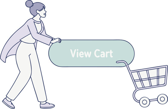 A woman pushing a large "View Cart" button attached to an empty shopping cart, representing online shopping or e-commerce.