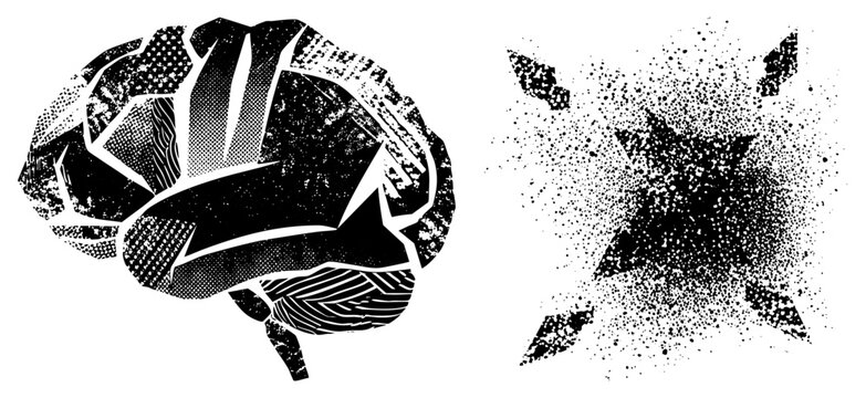 Graphic representation of human brain with fragmented halftone textures and explosive starburst ink splatter, vector art,, conceptual illustration.