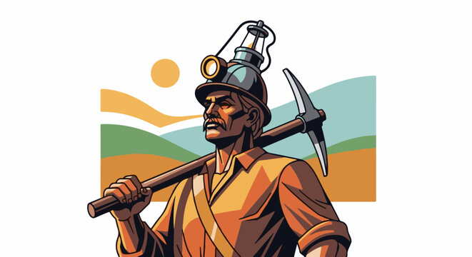 Rugged prospector in warm tones with pickaxe and headlamp against a stylized landscape