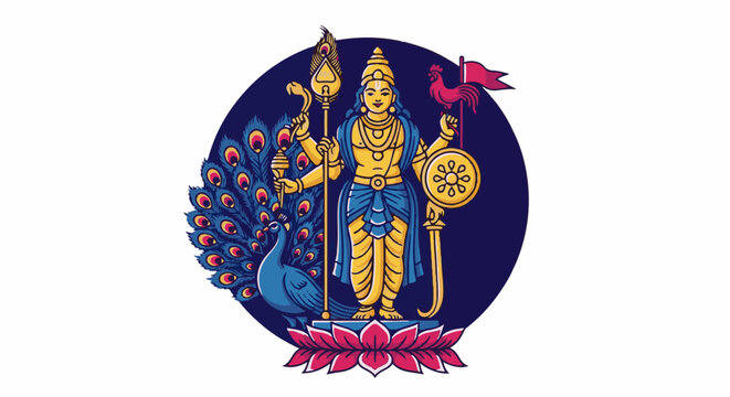 A golden deity with a peacock, rooster, and wheel on a lotus