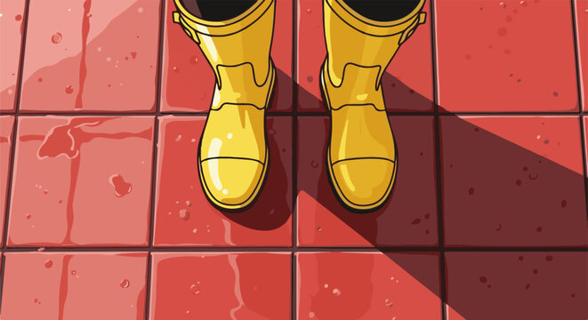 Bright yellow boots stand on a wet red tiled floor, casting shadows