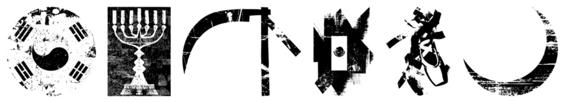 Abstract cultural emblems including yin yang, menorah,, Japanese flag motif, calligraphic kanji, moon, rendered in distressed vector art.