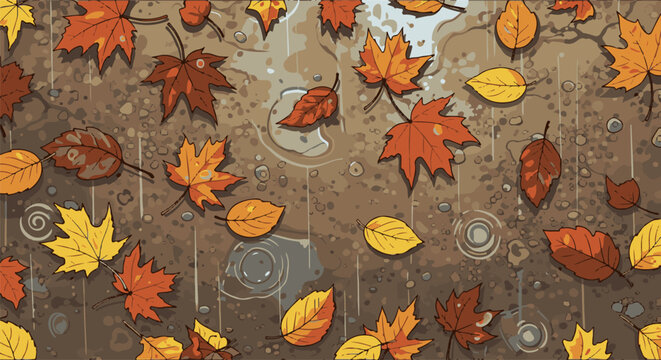 Autumn leaves fall onto wet ground with raindrops