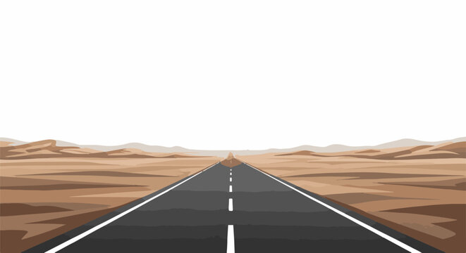 A long, empty desert road stretches toward the horizon under a clear sky