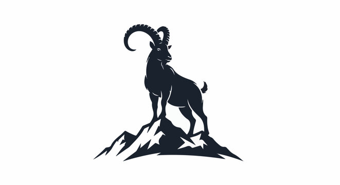 A stylized dark silhouette of an ibex standing proudly on a rocky mountain peak