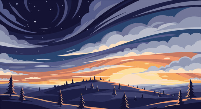 Pixel art landscape of rolling hills and pine trees at sunset/twilight