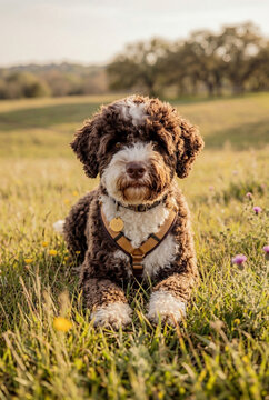 Dog standing in sunlit park looking at camera