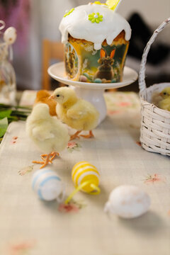 Easter table with traditional cake and cute chicks