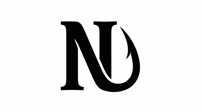 Stylized black letter N with a fishing hook accent