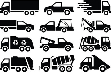 Diverse Truck Collection: A detailed illustration showcasing a variety of trucks, each designed for specific functions, highlighting their versatility and essential roles in modern transportation. © Anondo_Stock