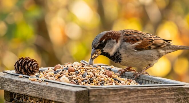 House Sparrow Eating Sunflower Seeds from a Wooden Bird Feeder with a Pine Cone in a Sunny Backyard Garden Setting during Autumn Season with Golden Bokeh Blurred