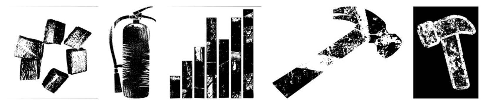 Stylized black and white with distressed texture ice cubes, fire extinguisher, bar graph, hammer, sledgehammer graphic symbols for safety, data, tools, cooling.