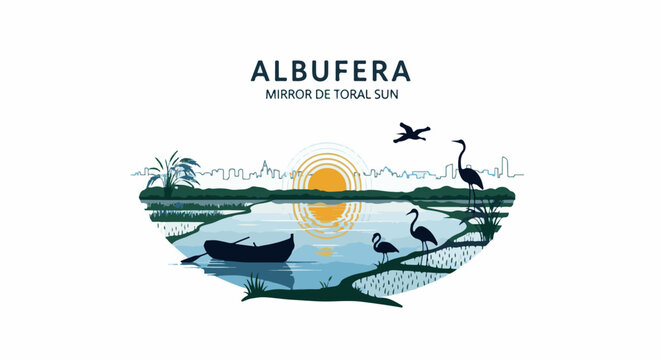 Serene wetland scene with silhouette birds, a boat, and a distant city skyline at sunset