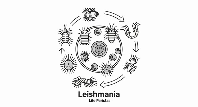 Leishmania life cycle illustration with multiple protozoan stages