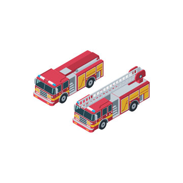 Rescue fire engine pair, isometric emergency response, firefighting drill poster, community safety event, station open house, education vector design