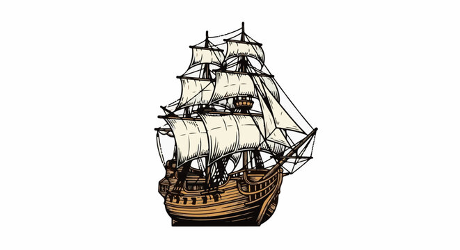 Vintage sailing ship illustration with full sails, detailed wooden hull