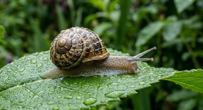 Macro close up of a common brown garden snail with a spiral shell slowly crawling across a vibrant green leaf covered in morning dew drops in a lush spring forest