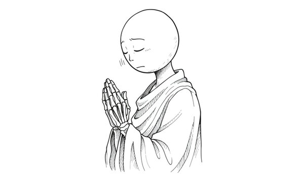 Praying monk with skeletal hands line art illustration