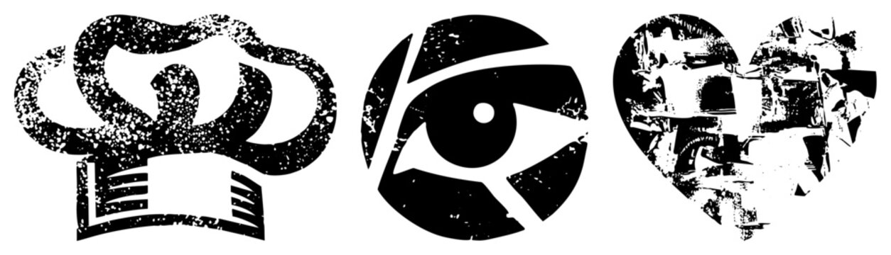 Graphic symbols chef hat, eye, heart, distressed black and white vector, stylized shapes, grunge texture, emblem design, abstract logo elements.