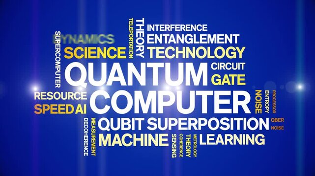 Quantum Computer animated word cloud-text design animation tag kinetic typography seamless loop.