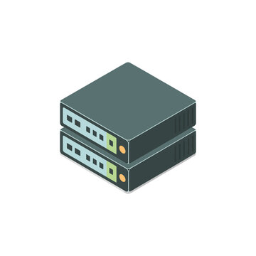 Network storage servers isometric, rack mount devices, database backup architecture, enterprise hosting platform, systems monitoring class, devops conference graphic